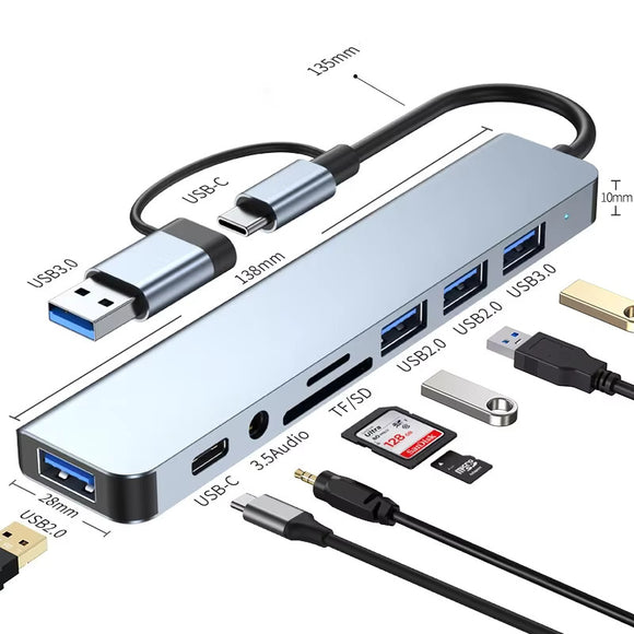 8-in-2 USB-C Docking Station – Dual USB-C Hub with Audio Jack, SD/TF Card Reader, USB 3.0/2.0 Ports